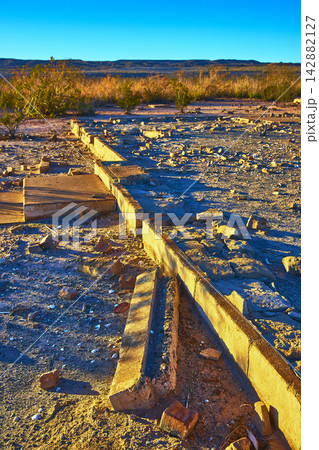 Ruins of St Thomas Ghost Town Foundations at Golden Hour in Nevada Desert 142882127
