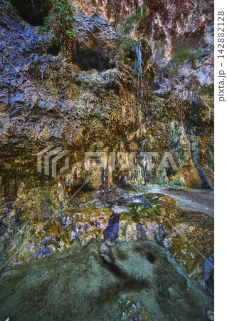 Goldstrike Hot Spring Geothermal Waterflow and Lush Canyon Wall Texture Goldstrike Hot Spring Geothermal Waterflow and Lush Canyon Wall Texture 142882128