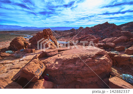 Elephant Rock Valley of Fire Red Sandstone Formations Under Vibrant Blue Sky Elephant Rock Valley of Fire Red Sandstone Formations Under Vibrant Blue Sky 142882337