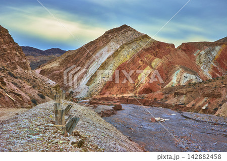 Colorful Geologic Formations and Canyon Landscape at Anniversary Mine Nevada Colorful Geologic Formations and Canyon Landscape at Anniversary Mine Nevada 142882458