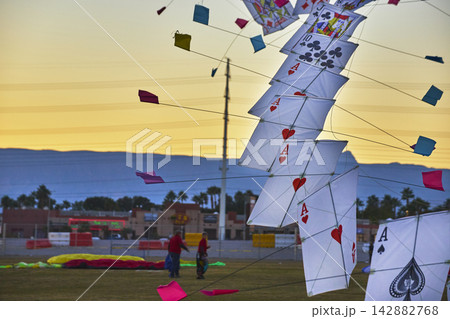 Kite Festival With Playing Card Kites Against Golden Hour Sky Las Vegas Nevada Kite Festival With Playing Card Kites Against Golden Hour Sky Las Vegas Nevada 142882768