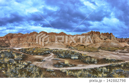 Panorama of Dramatic Desert Formations and Juniper Draw Trail in Cathedral Gorge Panorama of Dramatic Desert Formations and Juniper Draw Trail in Cathedral Gorge 142882798