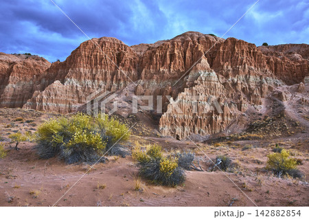 Cathedral Gorge State Park Dramatic Rock Formations and Desert Shrubs Under Blue Sky Cathedral Gorge State Park Dramatic Rock Formations and Desert Shrubs Under Blue Sky 142882854