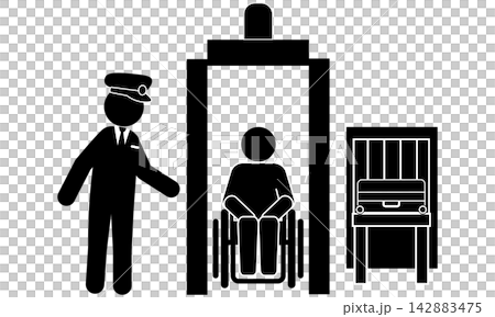 A person in a wheelchair passing through the airport security check gate. A person in a wheelchair passing through the airport security check gate. 142883475