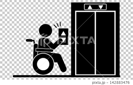 A person in a wheelchair pressing the elevator button A person in a wheelchair pressing the elevator button 142883476