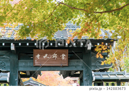 常寂光寺の扁額と紅葉 142883673