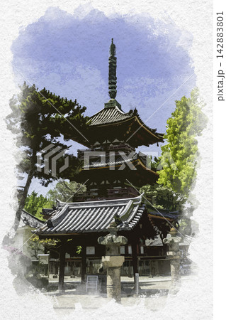 水彩画風 加古川 鶴林寺 三重塔 兵庫県加古川市 水彩画風 加古川 鶴林寺 三重塔 兵庫県加古川市 142883801