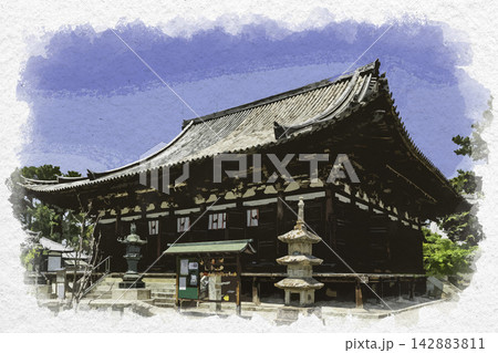 水彩画風 加古川 鶴林寺 本堂 兵庫県加古川市 水彩画風 加古川 鶴林寺 本堂 兵庫県加古川市 142883811