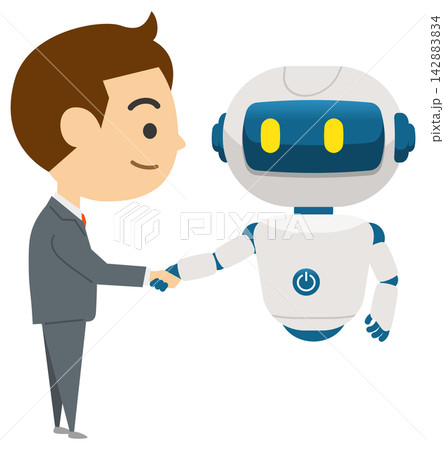 AIエージェント 人間と握手するAIロボットのイメージイラスト AIエージェント 人間と握手するAIロボットのイメージイラスト 142883834
