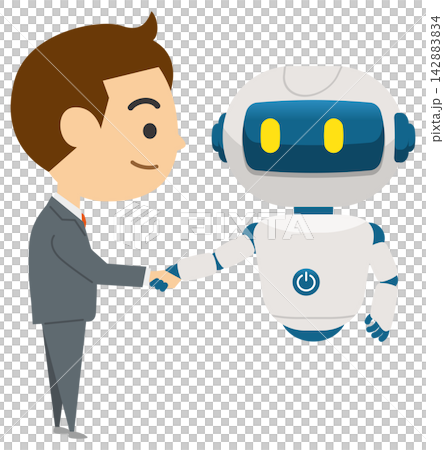 AIエージェント 人間と握手するAIロボットのイメージイラスト AIエージェント 人間と握手するAIロボットのイメージイラスト 142883834