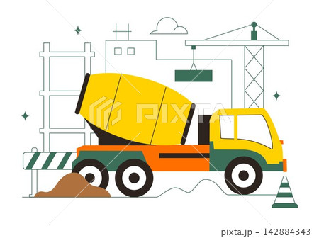 Construction Vector Illustration Featuring Workers, Cranes, Excavators, Dump Trucks, and Heavy Machinery at a Building Site with Safety Equipment 142884343