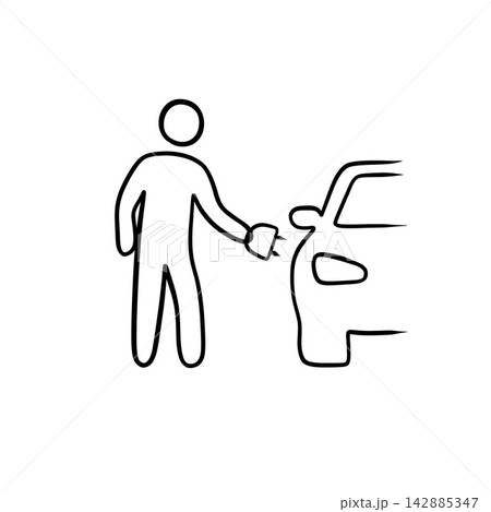Person Charging Electric Car Line Art Icon for EV Concept Person Charging Electric Car Line Art Icon for EV Concept 142885347