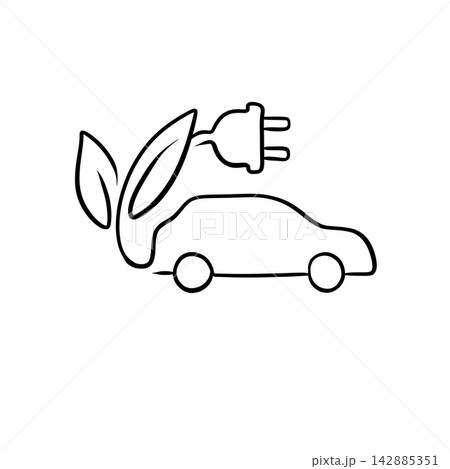 Eco Friendly Electric Car Line Art Icon with Plug and Green Leaves  142885351