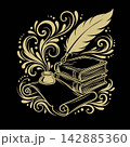 Vintage Feather Quill Pen, Inkwell, and Stack of Old Books with Elegant Floral Flourishes Line Art Illustration  142885360