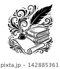 Vintage Feather Quill Pen, Inkwell, and Stack of Old Books with Elegant Floral Flourishes Line Art Illustration  142885361