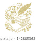 Vintage Feather Quill Pen, Inkwell, and Stack of Old Books with Elegant Floral Flourishes Line Art Illustration  142885362