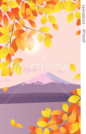 Yellow and orange beech leaves against the backdrop of Mount Fuji. Autumn hornbeam branches hanging. Vector leaf fall vertical banner. A Japanese landmark. Tourist postcard with a lake and mountains. Yellow and orange beech leaves against the backdrop of Mount Fuji. Autumn hornbeam branches hanging. Vector leaf fall vertical banner. A Japanese landmark. Tourist postcard with a lake and mountains. 142885445
