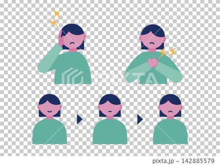 一組描繪女性出現頭痛、胸痛等疾病症狀的插圖。 一組描繪女性出現頭痛、胸痛等疾病症狀的插圖。 142885579