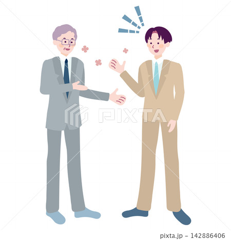 男性上司と男性部下が理解し合い和やかに会話する全身ビジネスイラスト 男性上司と男性部下が理解し合い和やかに会話する全身ビジネスイラスト 142886406