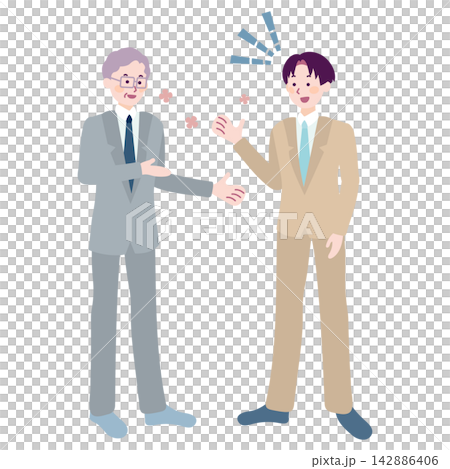男性上司と男性部下が理解し合い和やかに会話する全身ビジネスイラスト 男性上司と男性部下が理解し合い和やかに会話する全身ビジネスイラスト 142886406