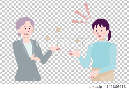 一幅商業插畫,描繪了一位女老闆和一位女下屬互相理解、進行和諧對話的場景。 一幅商業插畫,描繪了一位女老闆和一位女下屬互相理解、進行和諧對話的場景。 142886418