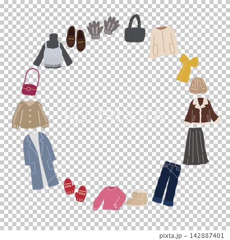 A cute, hand-drawn frame featuring women's autumn/winter clothing and accessories arranged in a circle. A cute, hand-drawn frame featuring women's autumn/winter clothing and accessories arranged in a circle. 142887401
