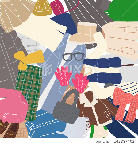 いっぱいに敷き詰められた秋冬シーズンのおしゃれなレディースの洋服や小物の背景 いっぱいに敷き詰められた秋冬シーズンのおしゃれなレディースの洋服や小物の背景 142887402