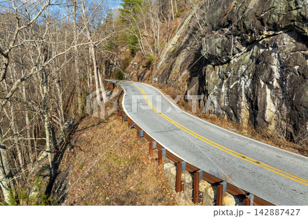 Winding Highlands Road offers a beautiful mountain pass experience in peak fall season. 142887427