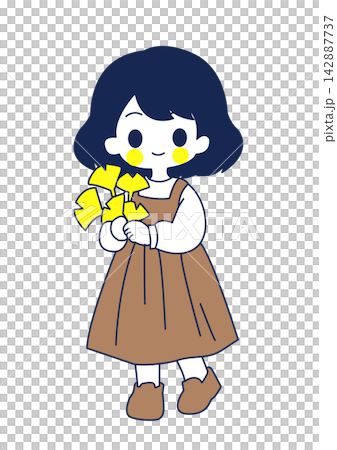 A girl holding a ginkgo leaf 142887737