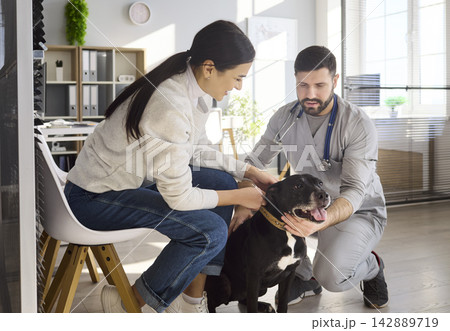 Veterinarian examining dog with owner in clinic, compassionate professional pet care 142889719
