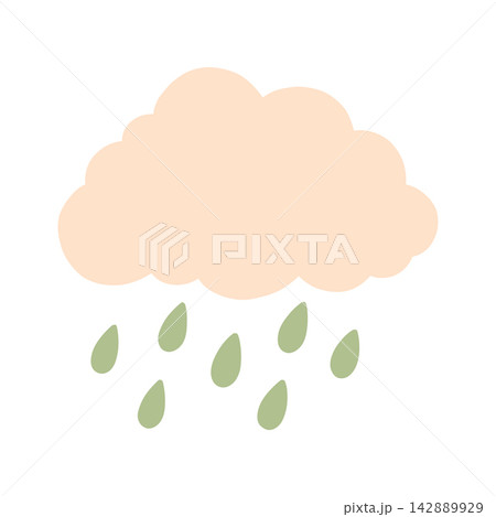 Cute pastel cloud with falling rain drops vector isolated on white. Perfect for weather forecast icons, autumn rainy day concepts, nursery decor prints, and seasonal storm graphics 142889929