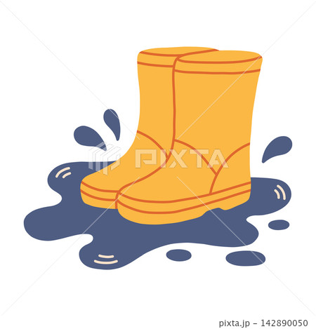 Yellow rubber rain boots splashing in a water puddle vector isolated on white. Great for autumn rainy day graphics, spring puddle jumping activities, footwear apparel, and seasonal art 142890050