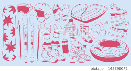 Vector collection of winter sports gear including skis, snowboard, skates, sled, and boots. Perfect for ski resort graphics, winter sports posters, and active outdoor designs Vector collection of winter sports gear including skis, snowboard, skates, sled, and boots. Perfect for ski resort graphics, winter sports posters, and active outdoor designs 142890071