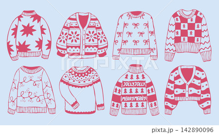 Vector set of cute winter sweaters and cardigans with festive pink patterns. Ideal for ugly sweater parties, holiday marketing, and winter fashion graphics 142890096