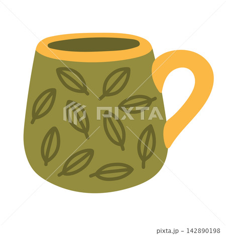 Cozy green ceramic mug with yellow leaf pattern vector isolated on white. Great for autumn tea banners, cozy herbal drink graphics, and seasonal decor Cozy green ceramic mug with yellow leaf pattern vector isolated on white. Great for autumn tea banners, cozy herbal drink graphics, and seasonal decor 142890198
