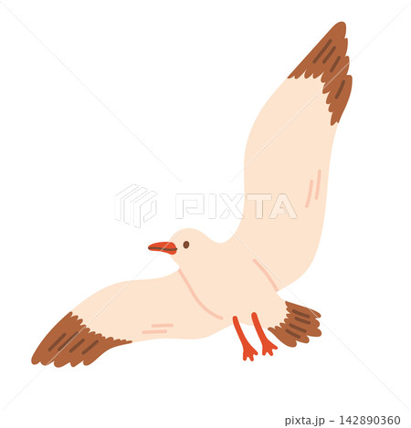 Cute seagull character vector illustration flying upward with open wings. Marine sea bird isolated on white background for kids nursery decor, stickers, and prints 142890360