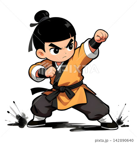 KUN-FU young fighter, graphic style, traditional color dress, in fighting pose. 142890640