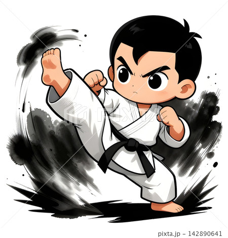 Little baby boy in karate kimono on white background. The concept icon of martial arts, karate, judo, sports since childhood, discipline. Defence concept with copy space. Little baby boy in karate kimono on white background. The concept icon of martial arts, karate, judo, sports since childhood, discipline. Defence concept with copy space. 142890641