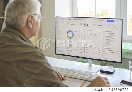 Senior man budgeting on computer at home, analyzing expenses, retirement savings 142890739