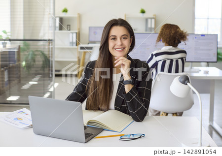 Smiling businesswoman planning strategy on laptop at office desk, confident Smiling businesswoman planning strategy on laptop at office desk, confident 142891054