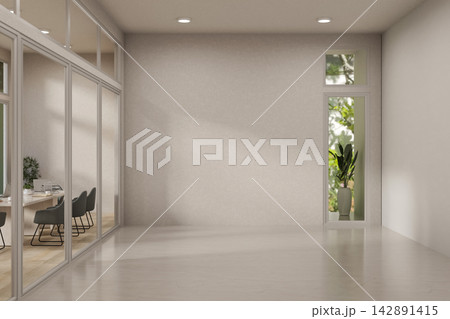 Modern empty conference room with glass walls, potted plant and tall window over light wood floor Modern empty conference room with glass walls, potted plant and tall window over light wood floor 142891415