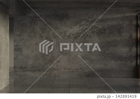 Empty industrial concrete wall with textured surface over polished floor in modern loft interior. Empty industrial concrete wall with textured surface over polished floor in modern loft interior. 142891419