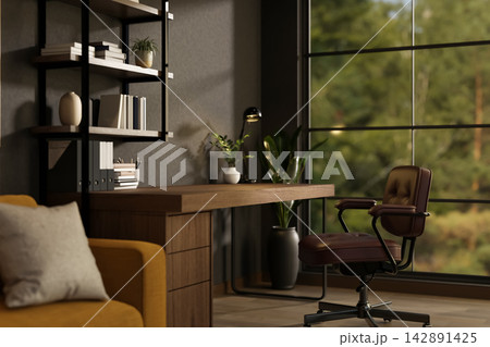 Modern office with wooden desk, brown chair, plants, and window view bookshelf natural light. 142891425
