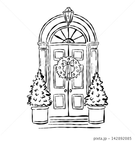Christmas Front Door Entrance with Wreath and Lantern Line Art Christmas Front Door Entrance with Wreath and Lantern Line Art 142892085