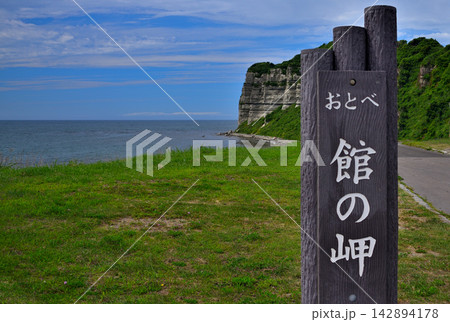 北海道・白と黒の断層が美しい館の岬を、展望公園から眺める・北海道乙部町(1) 142894178