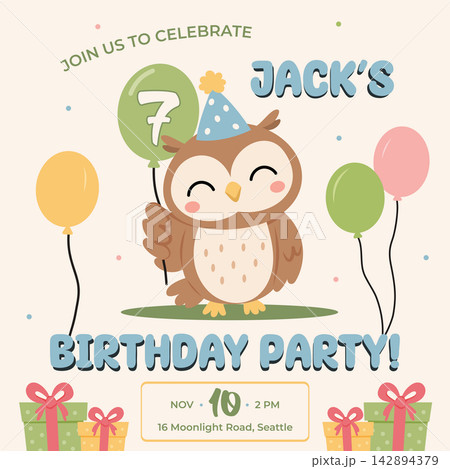 Owl birthday invitation card template with animal party hat, balloons and gift boxes, layout for kids celebration Owl birthday invitation card template with animal party hat, balloons and gift boxes, layout for kids celebration 142894379