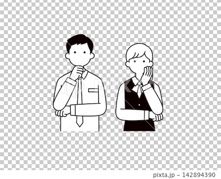 悩む・困る・考える、ビジネスマンと制服を着たビジネスウーマンの上半身ベクターイラスト素材セット 悩む・困る・考える、ビジネスマンと制服を着たビジネスウーマンの上半身ベクターイラスト素材セット 142894390