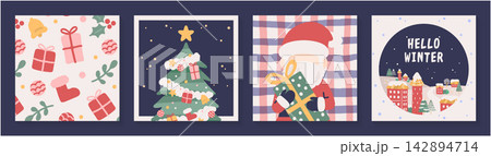 夜色の背景にサンタとクリスマスツリーを描いた正方形カード4種 夜色の背景にサンタとクリスマスツリーを描いた正方形カード4種 142894714