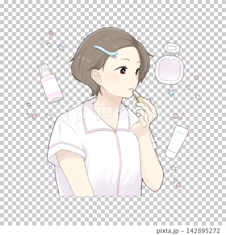 一幅描繪女性塗抹口紅和化妝品/香水瓶的美麗插畫。 一幅描繪女性塗抹口紅和化妝品/香水瓶的美麗插畫。 142895272