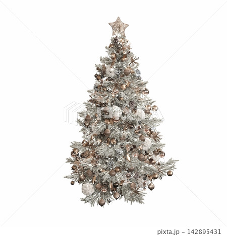 Christmas tree with decorations, isolated on white background, 3D illustration, cg render 142895431